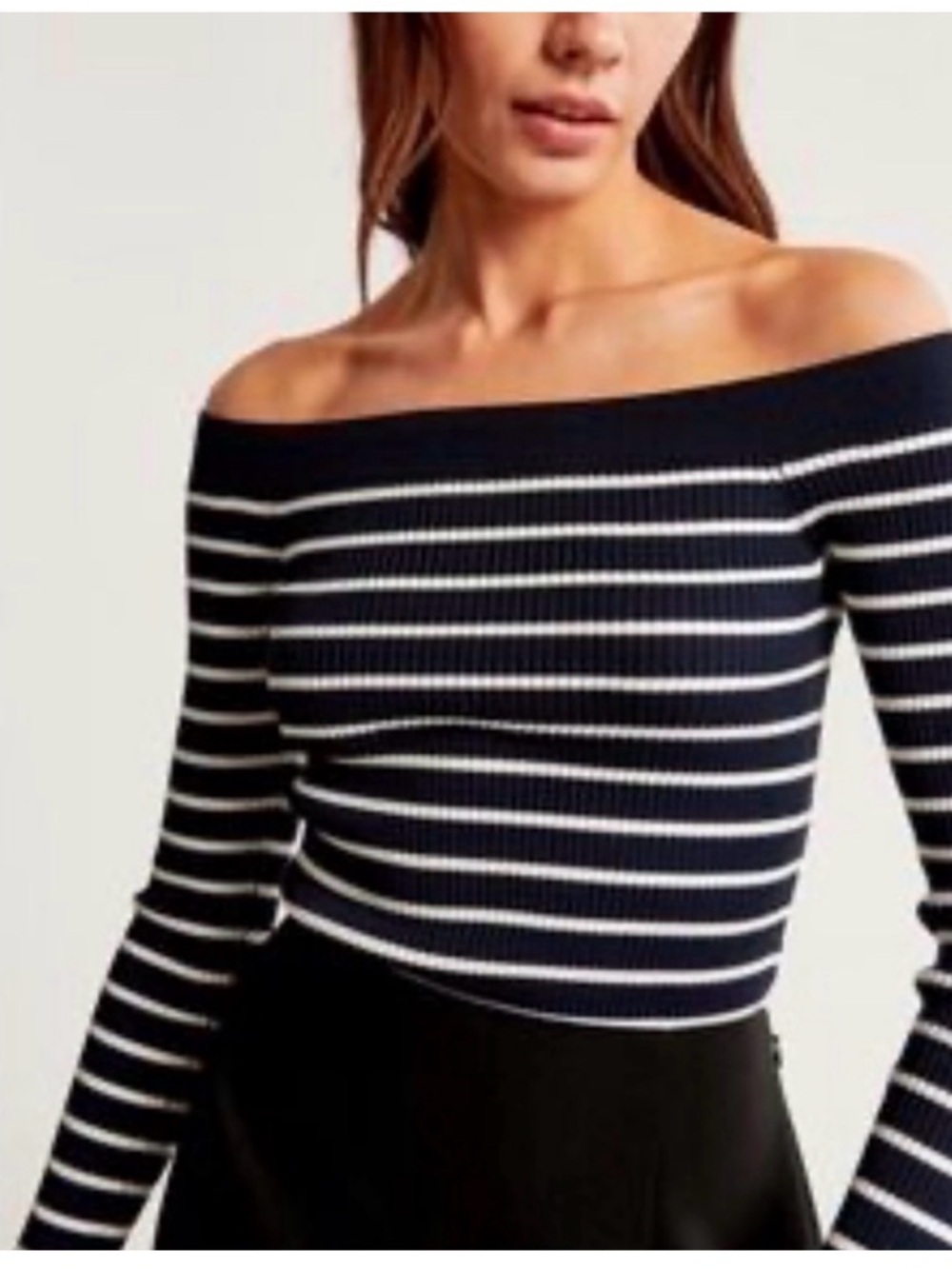 Abercrombie & Fitch Navy and White Off-the-Shoulder Striped Sweater